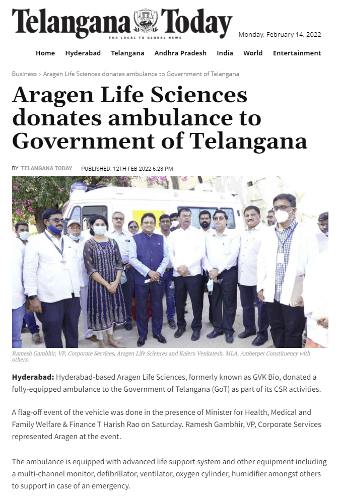 Aragen Life Sciences donates ambulance to Government of Telangana