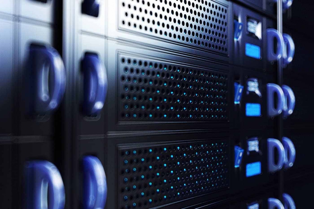 Close-up of blue-lit server hardware in a data centre, representing intellectual property protection