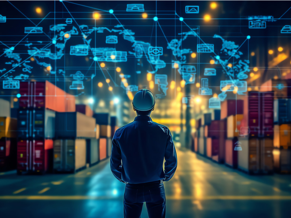 Worker in hard hat viewing a container port overlaid with global logistics network graphics